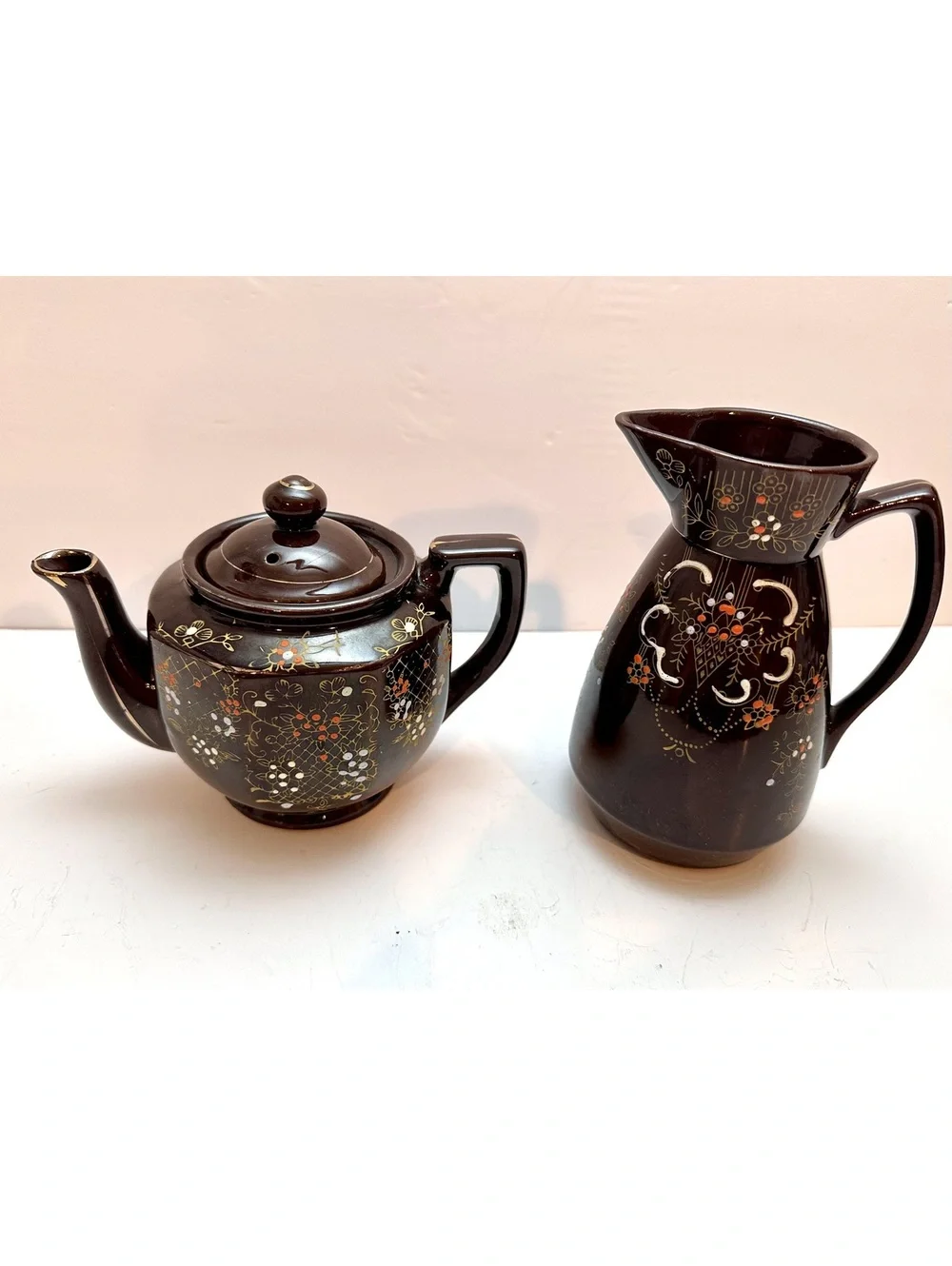 Vintage Japanese Moriage Redware Teapot/Pitcher Hand-Painted Set -